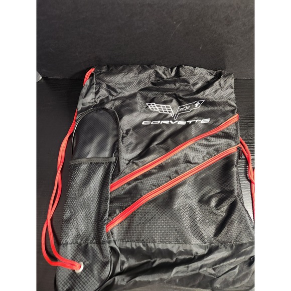 Corvette Black Drawstring Backpack Cinch Bag Gym Sack Auto Racing Car Logo - Picture 1 of 7